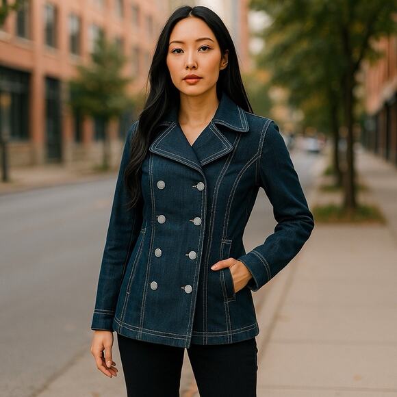 JouJou Royale Denim Jean Jacket Coat Women’s Size Large L Double Breasted - Picture 1 of 9